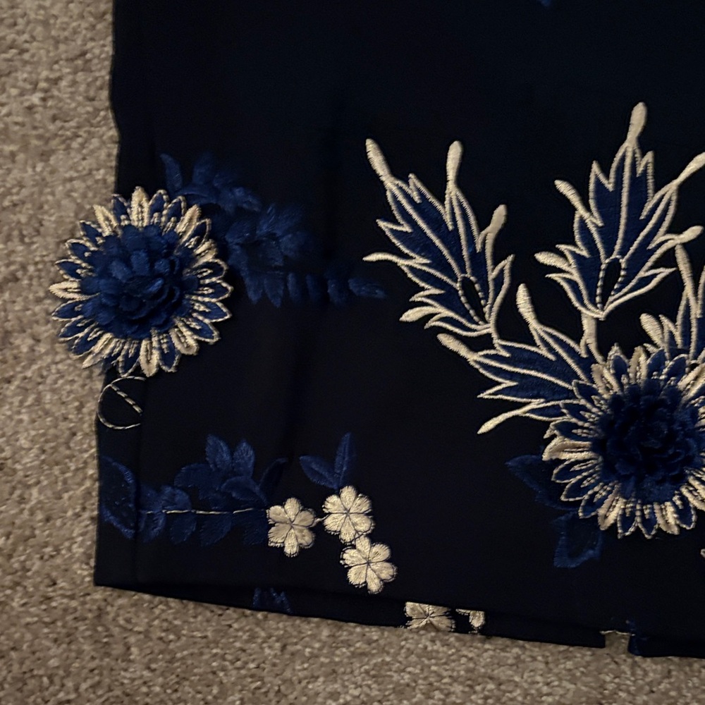 Badgley Mischka Navy Midi Dress with White & Blue Embroidered Floral Print - Picture 7 of 16
